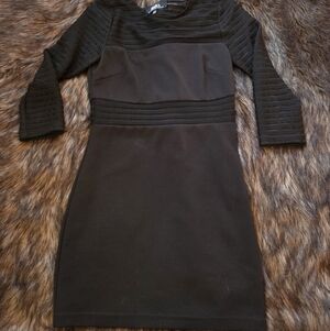 Lulus Fitted Black Dress With Mesh Striped ¾ Sleeves